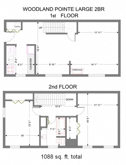 Floor plan for 2 beds, 1 bath, 1088 sqft
